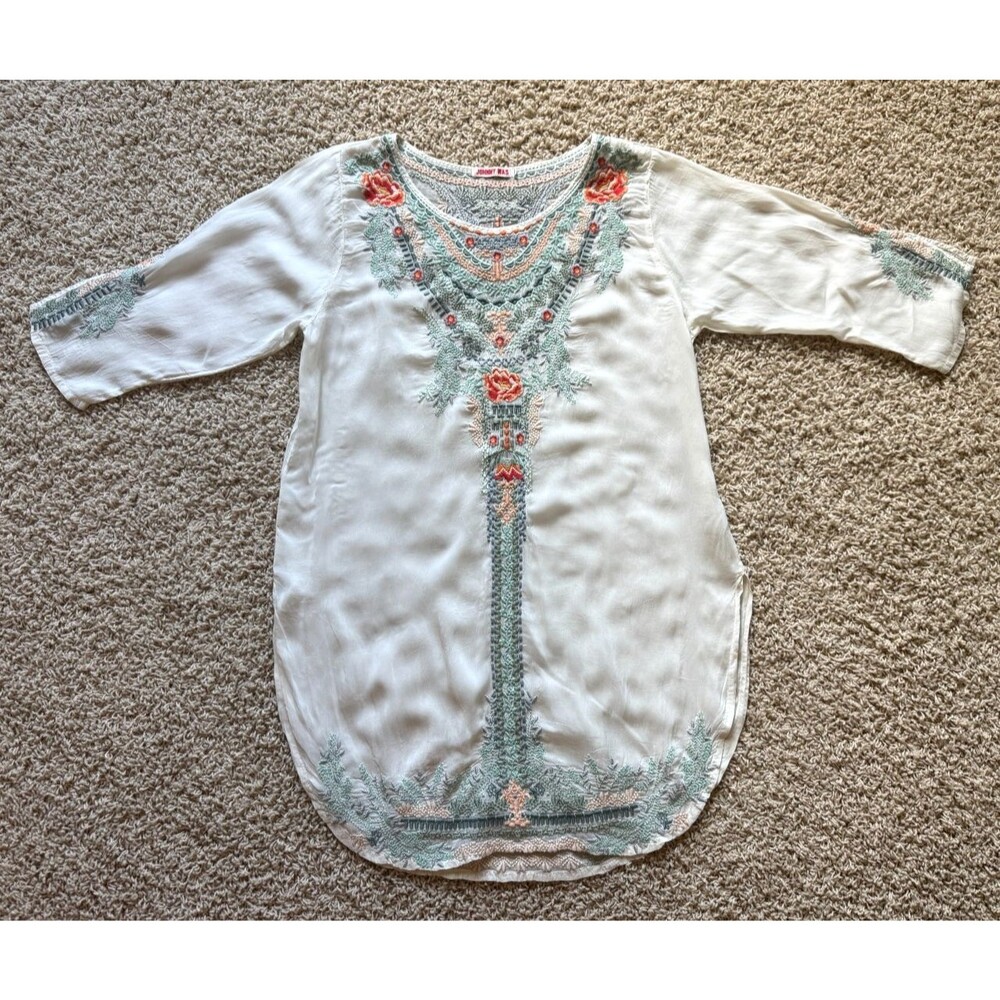Johnny Was Embroidered Blouse Tunic Top Women's Size Medium Boho Peasant